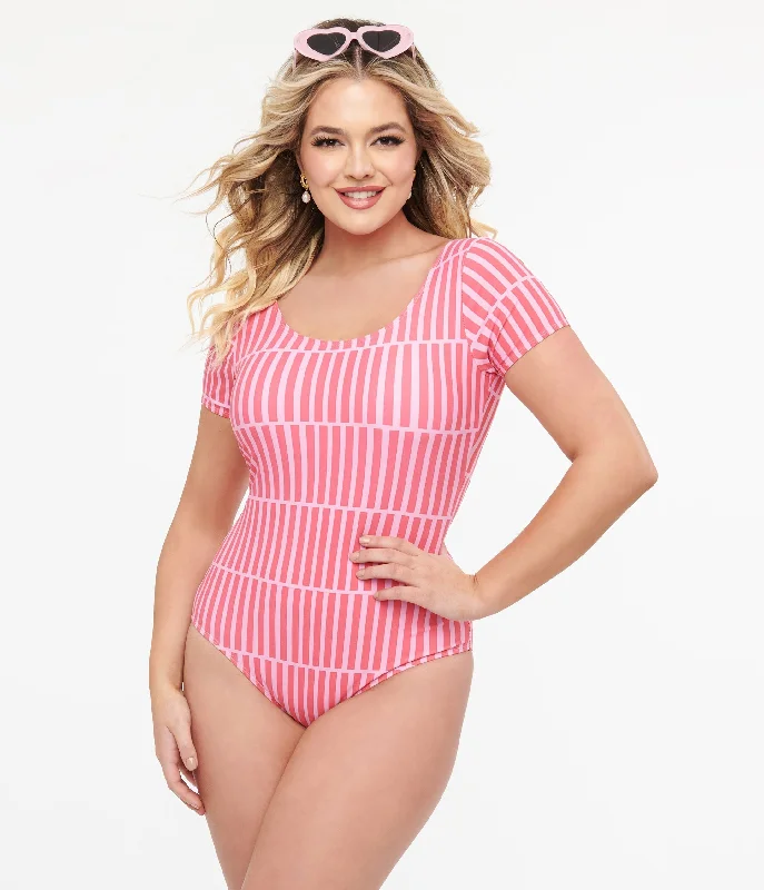 Closeout Pink Stripe Sleeved One Piece Swimsuit
