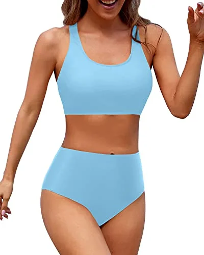 Super Bargain High Cut Legs Women High Waisted Two Piece Bikini Sports Crop Top Swimsuit-Blue