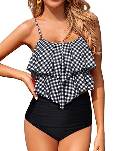 Weekend Special Two Piece Ruffle Tops With High Waisted Bottoms Bathing Suits For Women-Black And White Checkered