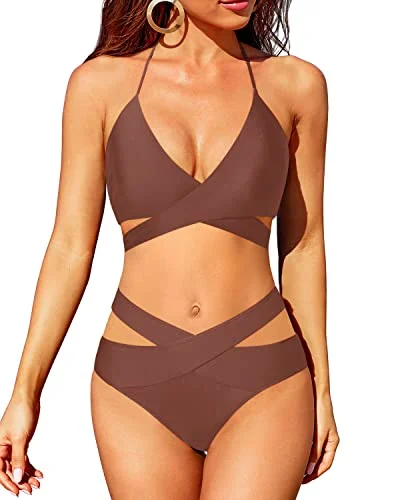 Year-End Clearance High Leg Two Piece Swimsuit Push Up Criss Cross Bathing Suit-Brown