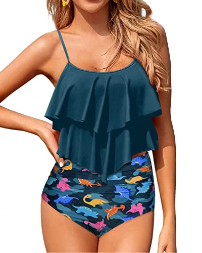 Fantastic Offers Flowy Tankini Top Tiered Ruffle Bikini Sets For Teen Girls-Blue Green Dinosaur