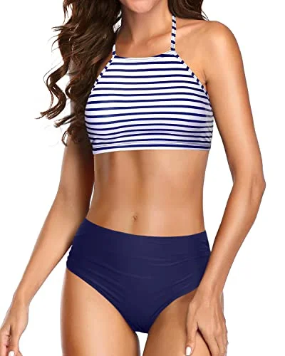 Online Only Removable Padding Triangle Bikini Sets For Women-Blue White Stripe