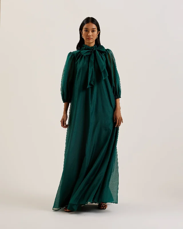 Midnight Sale Adaifi Sheer Organza Tie Neck Maxi Dress Dk-Green