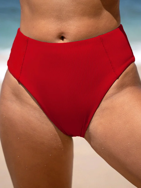 Limited Availability Red Ribbed Seam Full Coverage Bikini Bottom