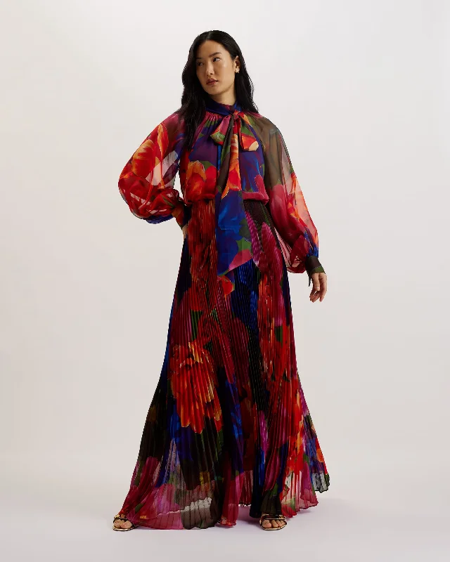 Sneak Peek Sale Adanie Floral Tie Neck Pleated Maxi Dress Multicol