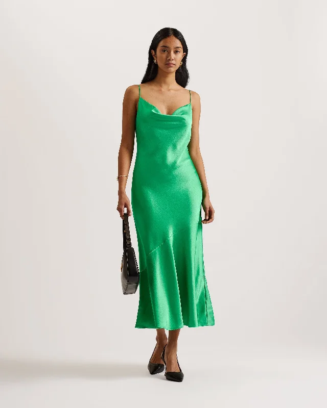 Lowest Prices Tunca Satin Cowl Neck Evening Midi Dress Green