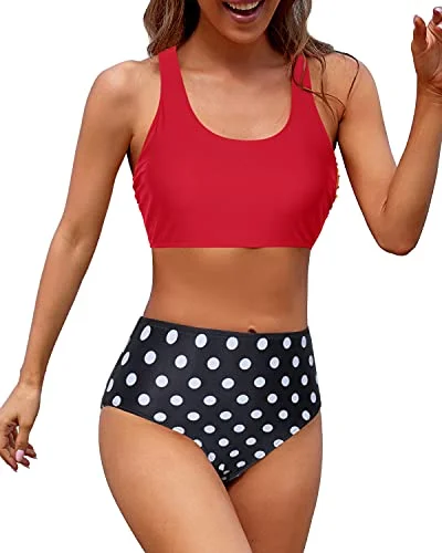 Flash Deals High Cut Legs Women High Waisted Two Piece Bikini-Red Dot