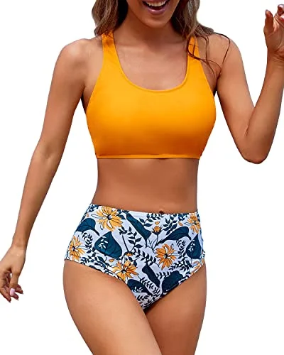 Steals and Deals Athletic Women's Bikini Sports Crop Top Swimsuit For Teens-Yellow Floral