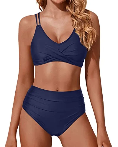 Special Discount Wrap Women's High Waisted Push Up Bikini Set Tummy Control Swimsuit-Navy Blue