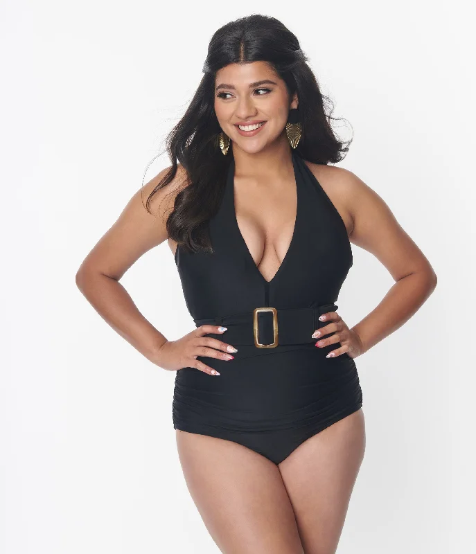 Price Reduction Unique Vintage Black Belted Halter Swimsuit