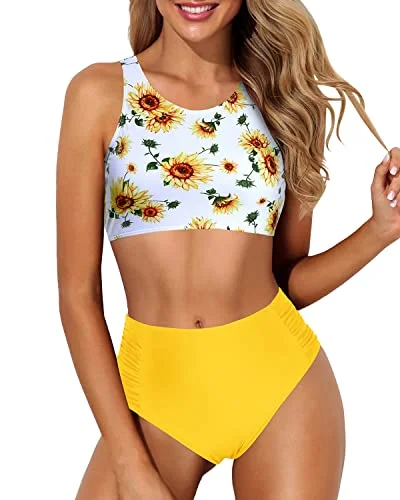 Limited Stock Sporty Racerback Bathing Suit Crop Top And Bottom For Women-Sunflower