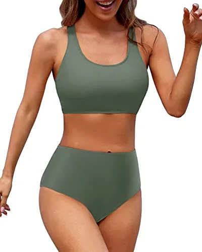 Crazy Deals Sporty Women's High Waisted Two Piece Bikini Sports Crop Top Swimsuit-Army Green