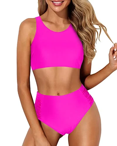 Deal Dash Sporty High Waisted Two Piece Bikini Set For Teen Girls-Neon Pink