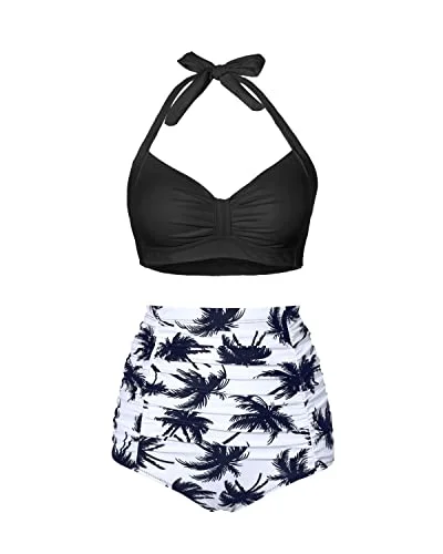 New Arrival Retro 50S Sweetheart Neckline High Waisted Bikini Set-Black Palm Tree