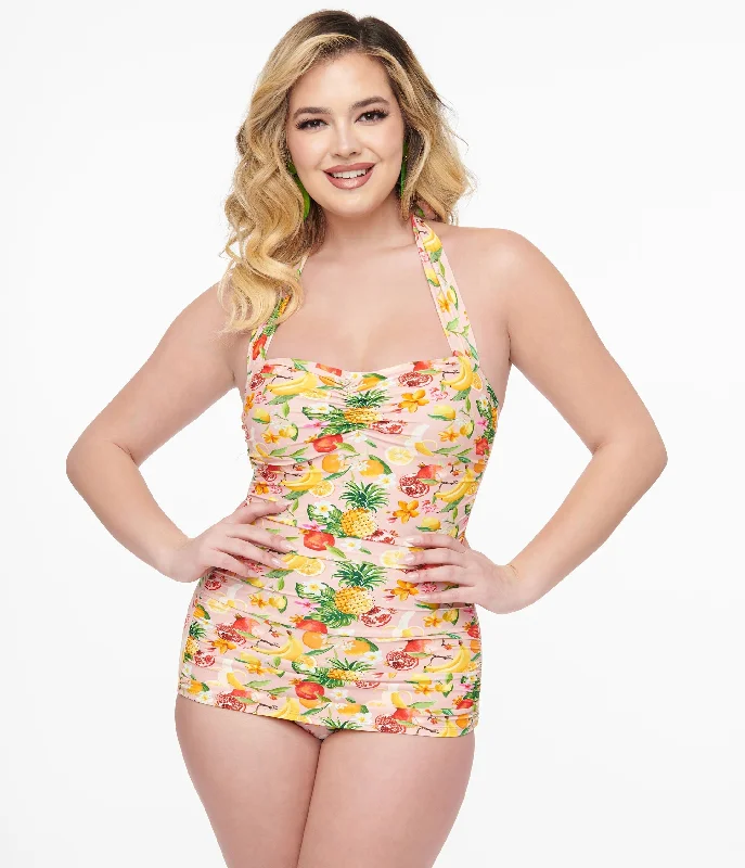 Limited Availability Esther Williams 1950s Light Pink & Fruit Print One Piece Swimsuit