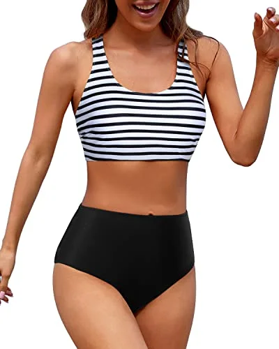 Can't Miss Full Coverage Modest Coverage With Women's Sporty Swimsuit-Black And White Stripe