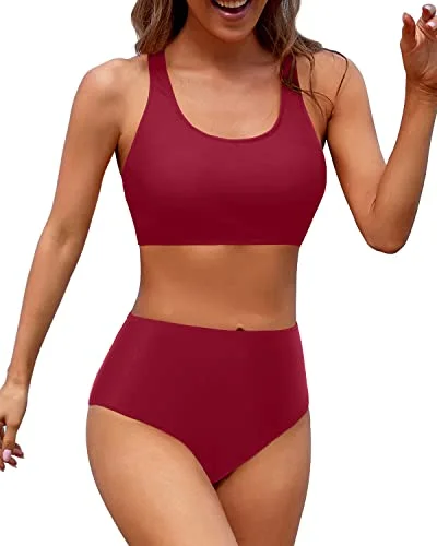 Take Advantage Two Piece Women High Waisted Bikini Sports Crop Top Swimsuit-Red
