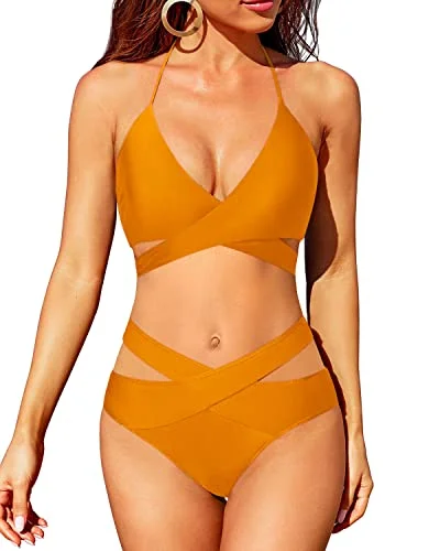 Unbeatable Prices Flattering Halter Neck Bikini Top With Front Cross Ties-Yellow