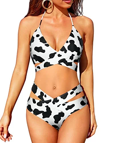 Daily Deals Crossed V Shaped Waist 2 Piece High Waisted Bikini Set-Black And White Cow Pattern