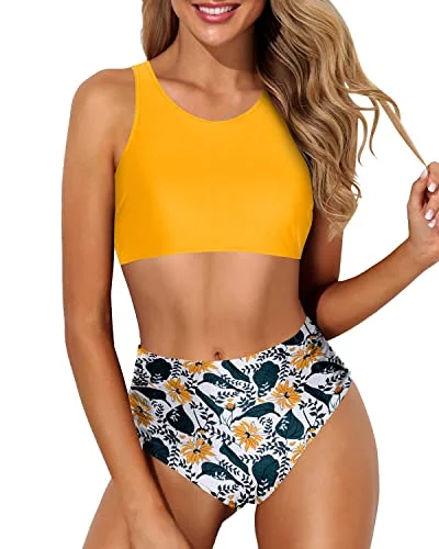 Best Seller Crop Top Racerback Two Piece Bikini Set For Women-Yellow Floral