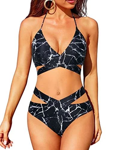 Year-End Sale High Waisted Bikini Sets For Women Halter Wrap Criss Cross Two Piece Swimsuit-Black Marble