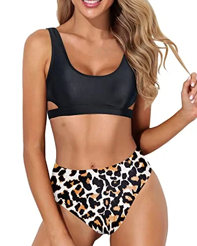 Blowout Deals High Leg Bikini Set For Women 2 Piece High Waisted Sport Swimsuit-Black And Leopard