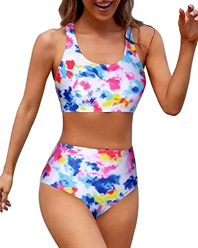 Super Deal Criss Cross Back Women's High Waisted Bikini Bottom Full Coverage-Colorful Tie Dye