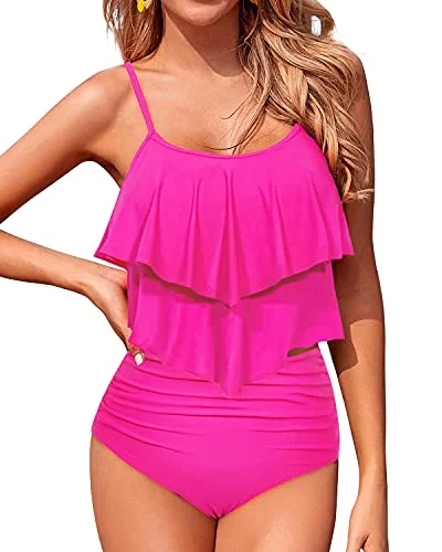 Holiday Sale Flowy Two Piece Tankini Swimsuits With High Waisted Bottoms For Women-Neon Pink