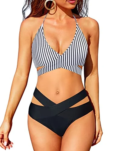 Clearance Sale Crossed V Shaped Waist High Waisted 2 Piece Bikini Set-Black And White Stripe