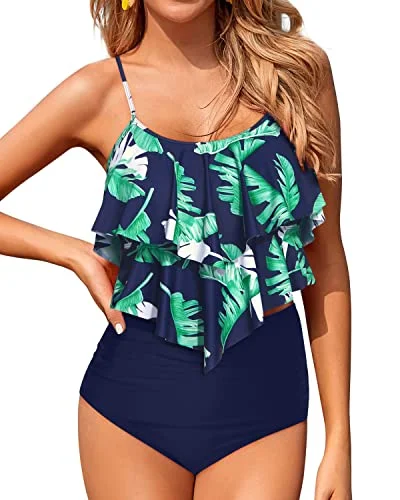 Exclusive Savings Flowy Ruffle Tankini Tops With High Waisted Bikini Bottoms For Teen Girls-Blue Leaf