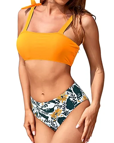 Buy Now Bandeau Swimsuit Set With High Cut Bottoms For Teen Girls And Juniors-Yellow Floral