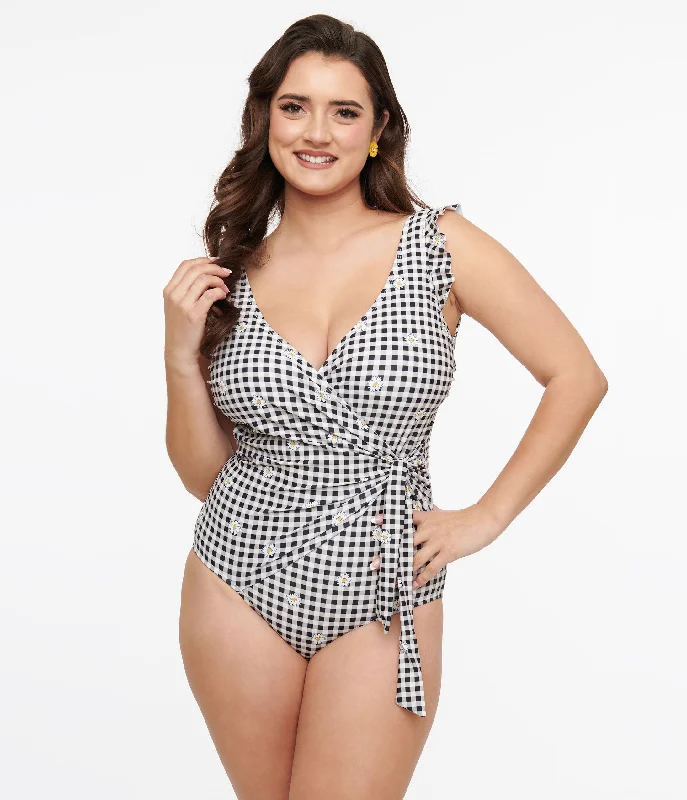 Savings Event Black & White Daisy Gingham Wrap One Piece Swimsuit