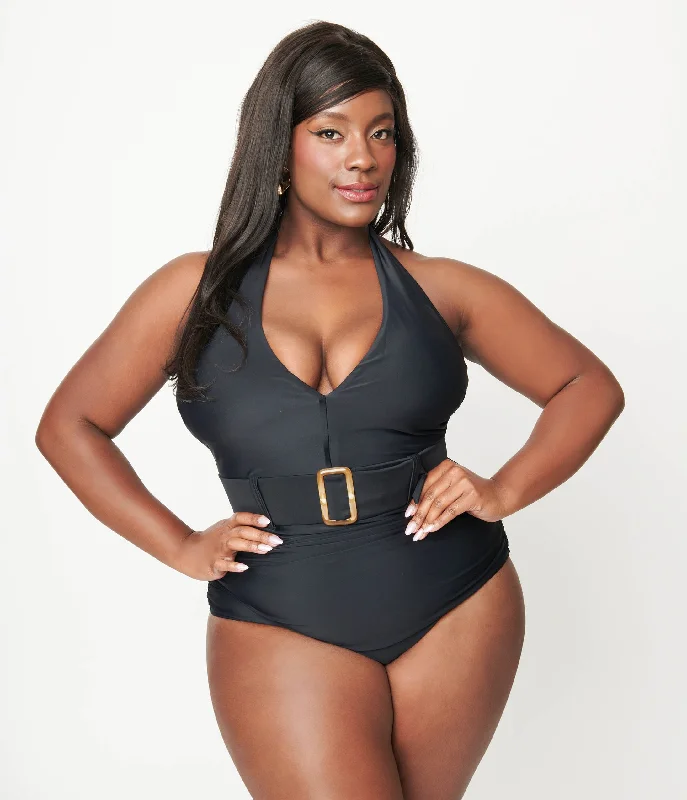 Online Only Unique Vintage Plus Size Black Belted Halter Swimsuit
