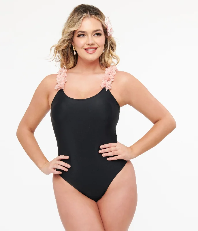 Final Clearance Black & Pink Flower One Piece Swimsuit