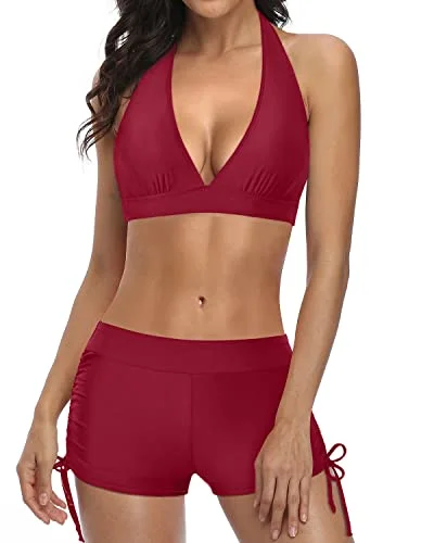 Price Reduction Elastic Two Piece Swimsuit With Push Up Bikini And Boyshort-Red