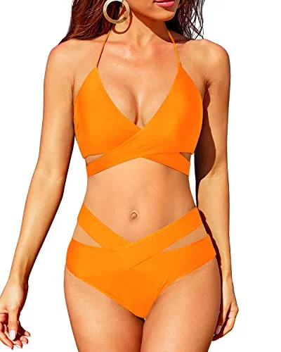 Limited Availability Flattering Removable Padded Bra Bikini With Halter Neck-Orange