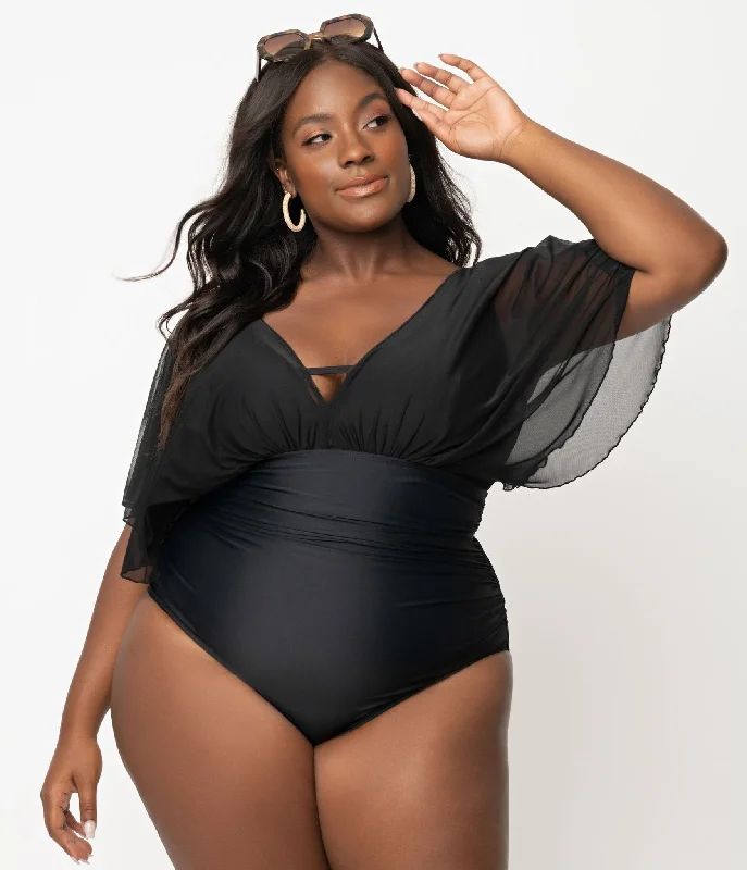 Price Meltdown Unique Vintage Plus Size Black Mesh Sleeved Torrey Swimsuit
