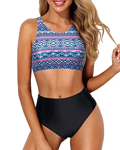 Lowest Price Crop Top High Waisted Two Piece Bikini For Large Breasted Women-Blue Tribal