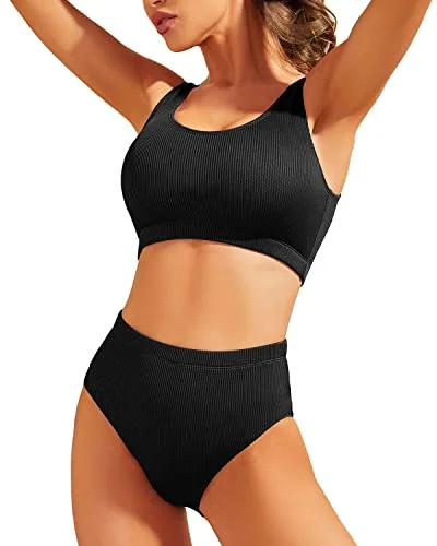 Huge Discounts High Waisted Ribbed Bikini Two Piece Bathing Suit For Women-Black