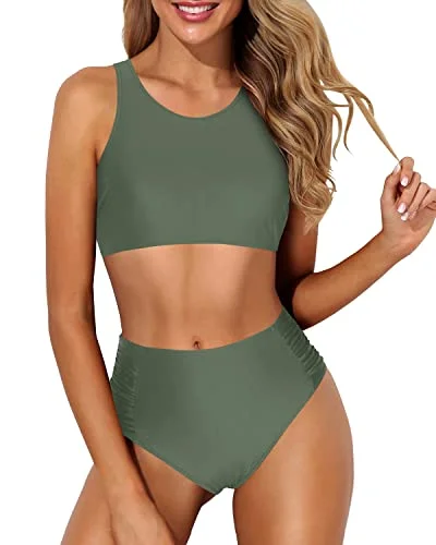 Deep Discounts Racerback High Waisted Bikini Set For Mothers And Large Breasted Women-Olive Green