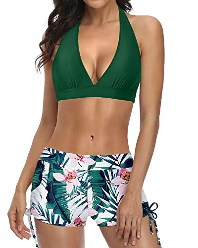 Price Rollback Removable Padding Push Up Bikini With Boyshort Two Piece Swimsuit-Green Tropical Floral