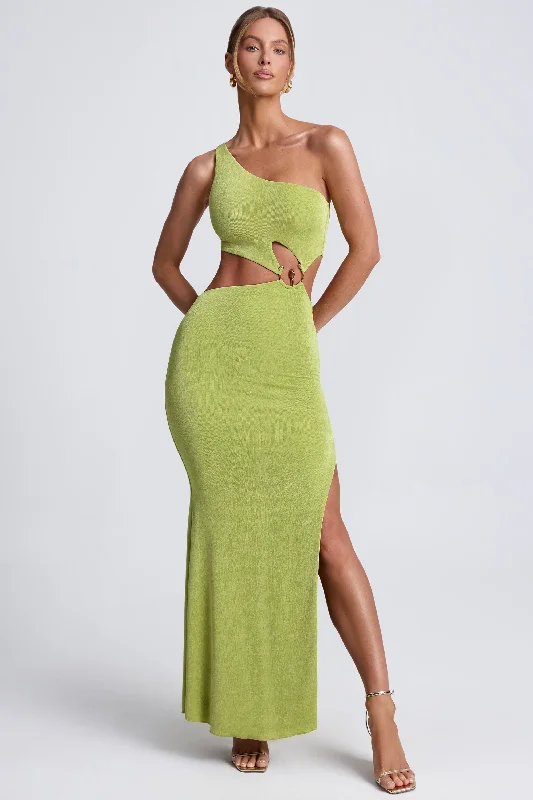 Instant Discount Hardware Detail One-Shoulder Maxi Dress in Olive Green
