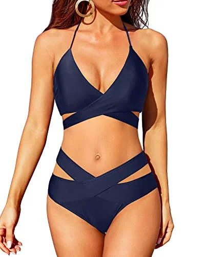Exclusive Deal Wrap Bandage Criss Cross Bikini Set High Waisted Push Up Swimsuit-Navy Blue