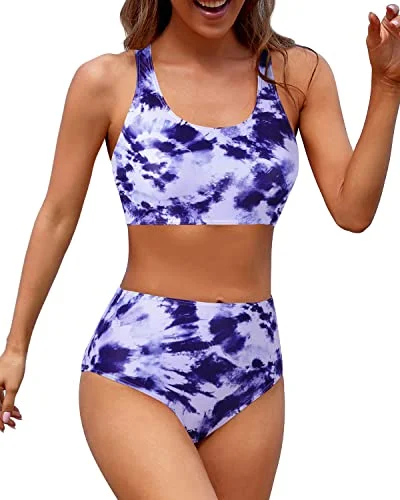Stock Clearance High Cut Legs Women Scoop Neck Bathing Suit For Teen Girls-Purple Tie Dye