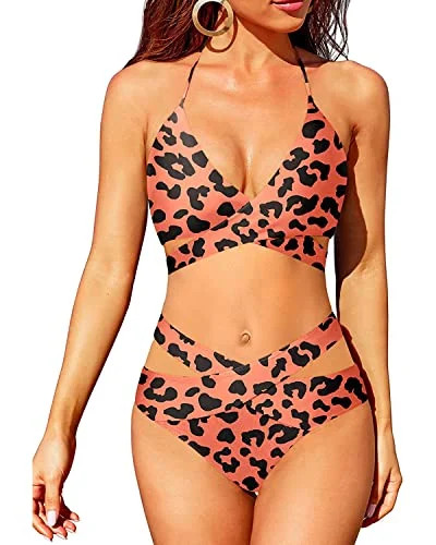 Low Prices Flattering High Waisted Bikini Bottoms With Defined Waistline-Orange And Leopard