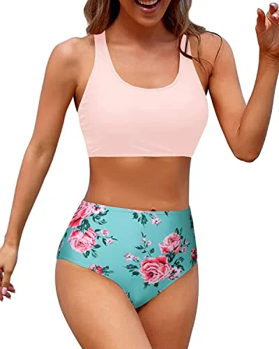 Hurry In Flattering High Waisted Two Piece Bikini Sports Crop Top Swimsuit-Green And Pink Floral