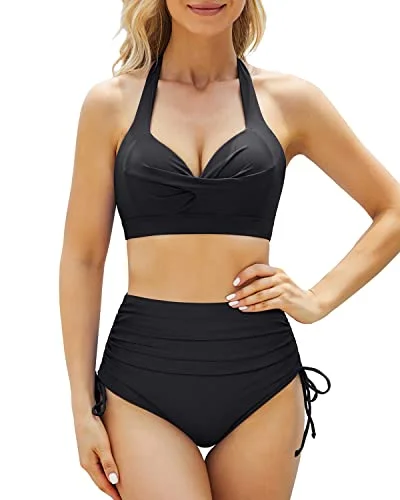Savings Galore Two Piece Retro Halter Tummy Control High Waisted Bikini For Women-Black