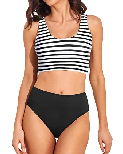 Mega Sale High Cut Swimsuit Sporty Crop Bikini Top Full Coverage Swim Bottoms for Women