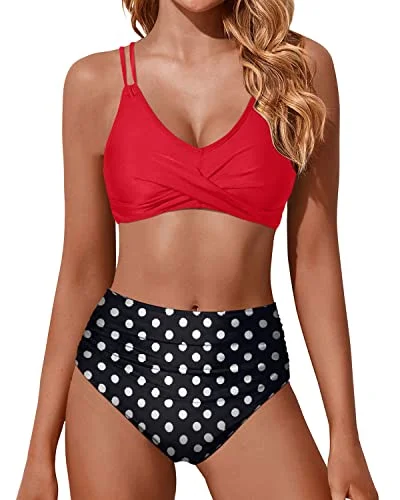 Shop and Save High Waisted Bikini Set Push Up Wrap Swim Suits Tummy Control Bathing Suits-Red Dot