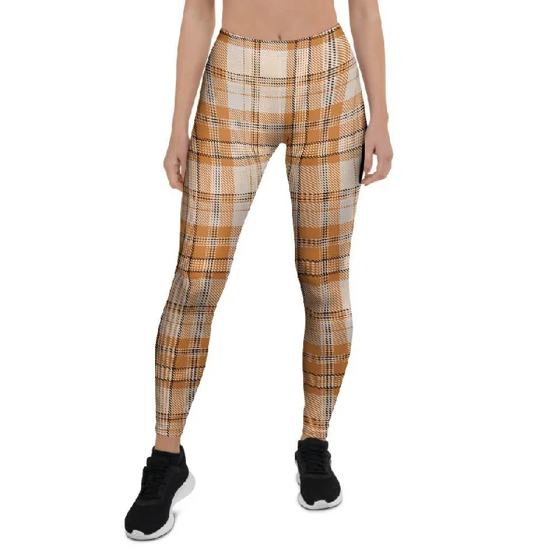 Price Rollback Beige Plaid Tartan Print Women's Leggings